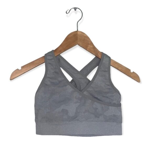 Camo Wrap Sports Bra  Women's Size‎ Medium Light Grey Strappy Back Stretchy - Picture 1 of 8
